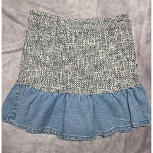 Zara High Waisted Mini Skirt Womens L Blue Denim Gray Tweed Ruffle 80's-90's